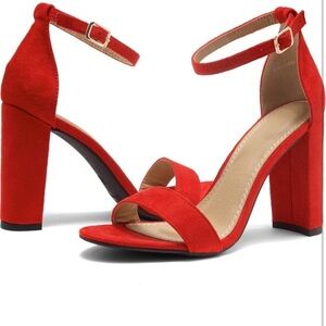 Red Womens Chunky Block Heels Open Toe Ankle Strap High Heel Dress Pump Sandals
